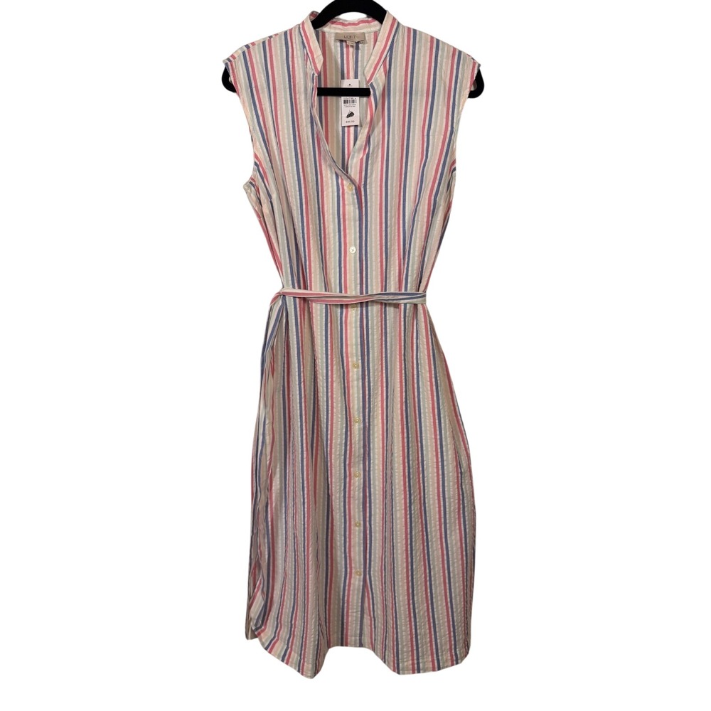 LOFT Outlet Striped Sleeveless Button Front Midi Dress with Belt Size L